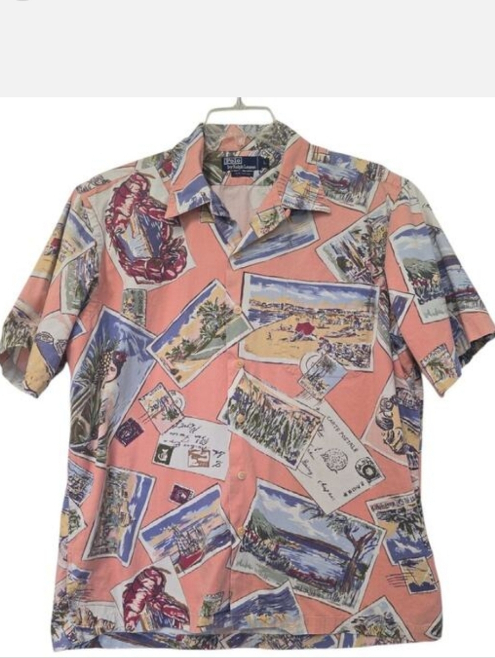 Vintage Polo by Ralph Lauren Men's Postcard Print Short-Sleeve Shirt Pink